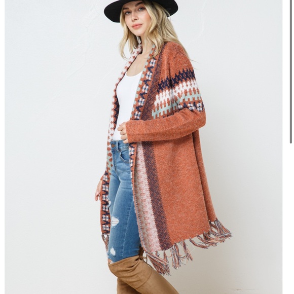 HPππ NEW Aztec Fringe Long Sleeve Fuzzy Open Long Cardigan - Picture 1 of 10
